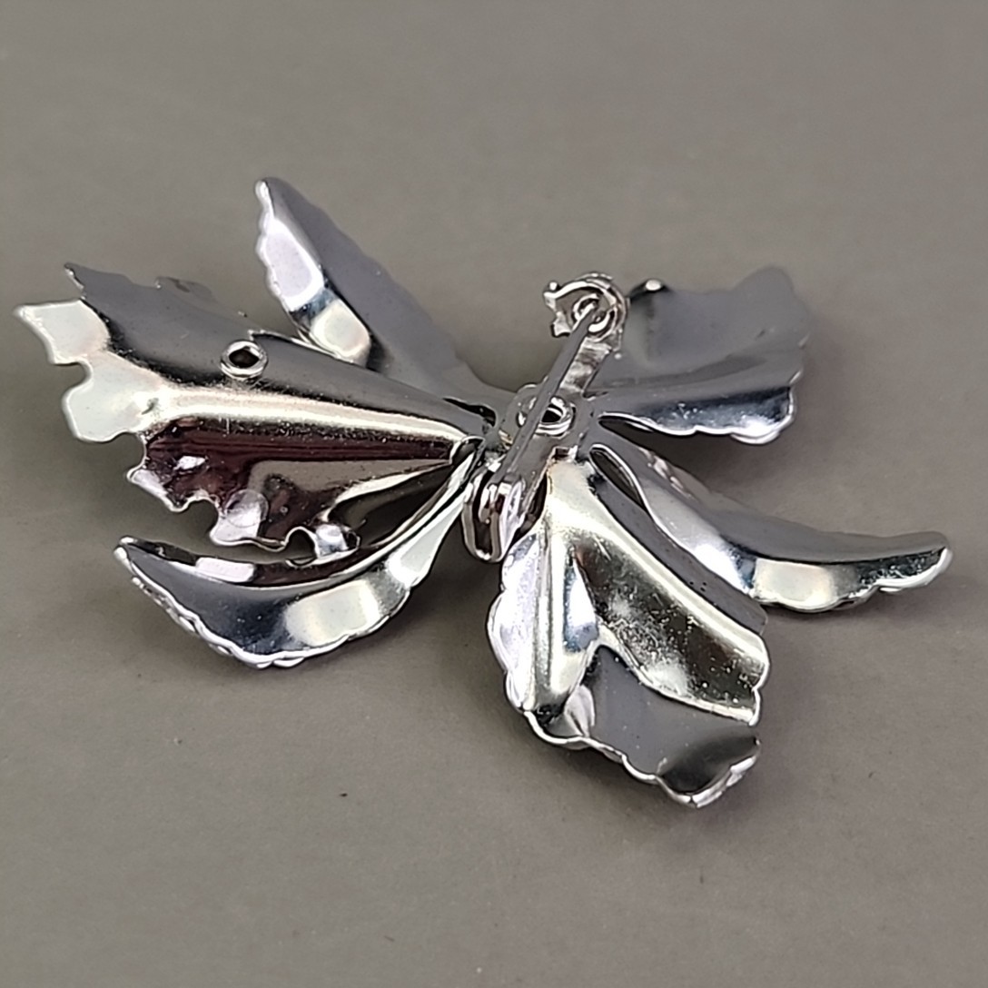 Vintage Flower Brooch Orchid Purple Rhinestone Silver Tone 2″