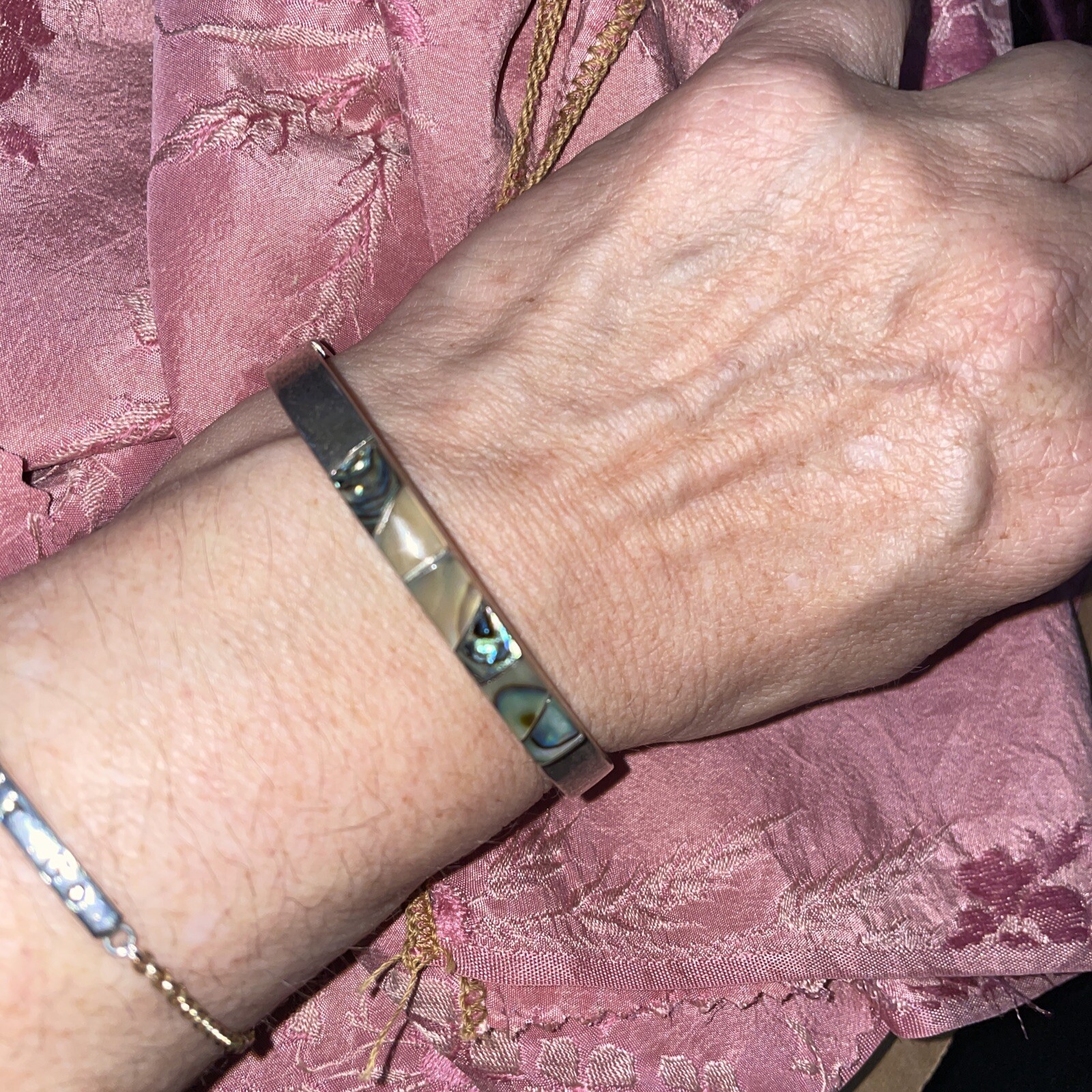 Estate Vintage Unisex Abalone Inlay Mexico Clamp Bangle Sterling Bracelet