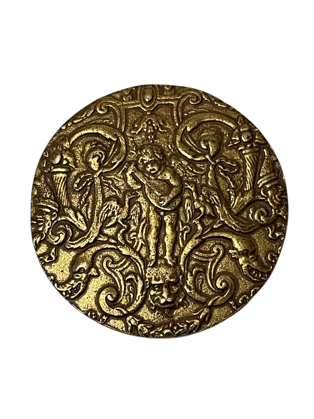 Vintage ALVA MUSEUM REPLICAS Gold Tone Cupid/Roman Brooch Pin Large 2″ + wide