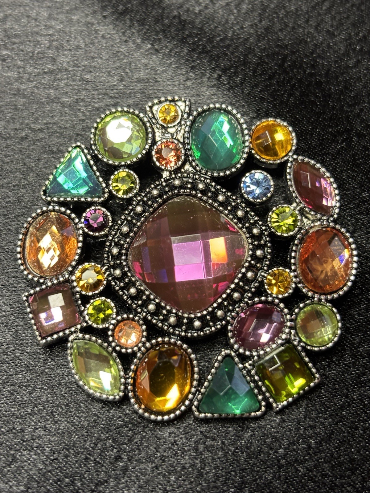 Vintage Multicolored Rhinestones Brooch Pendant 2” Faceted Stones Silver Tone
