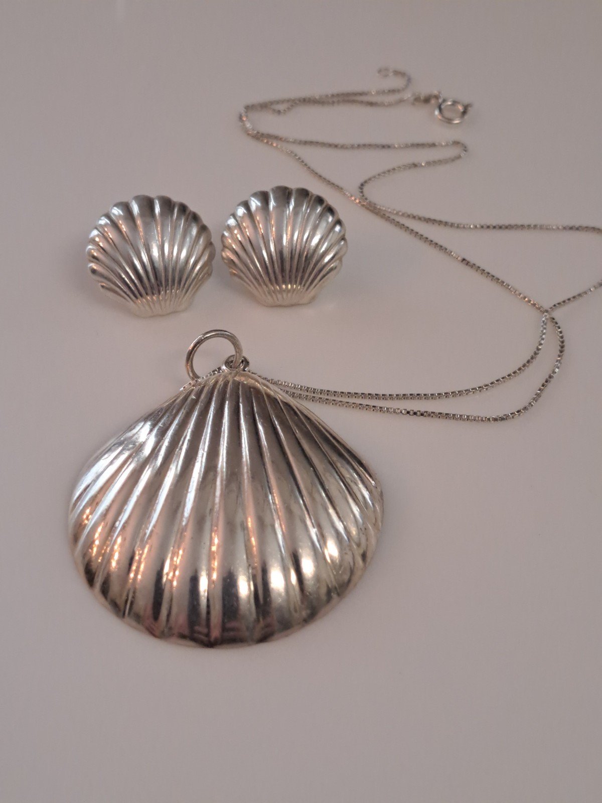 VTG Puffy Shell Necklace Sterling & Scallop Earrings Set Coastal 925 Beach Sea