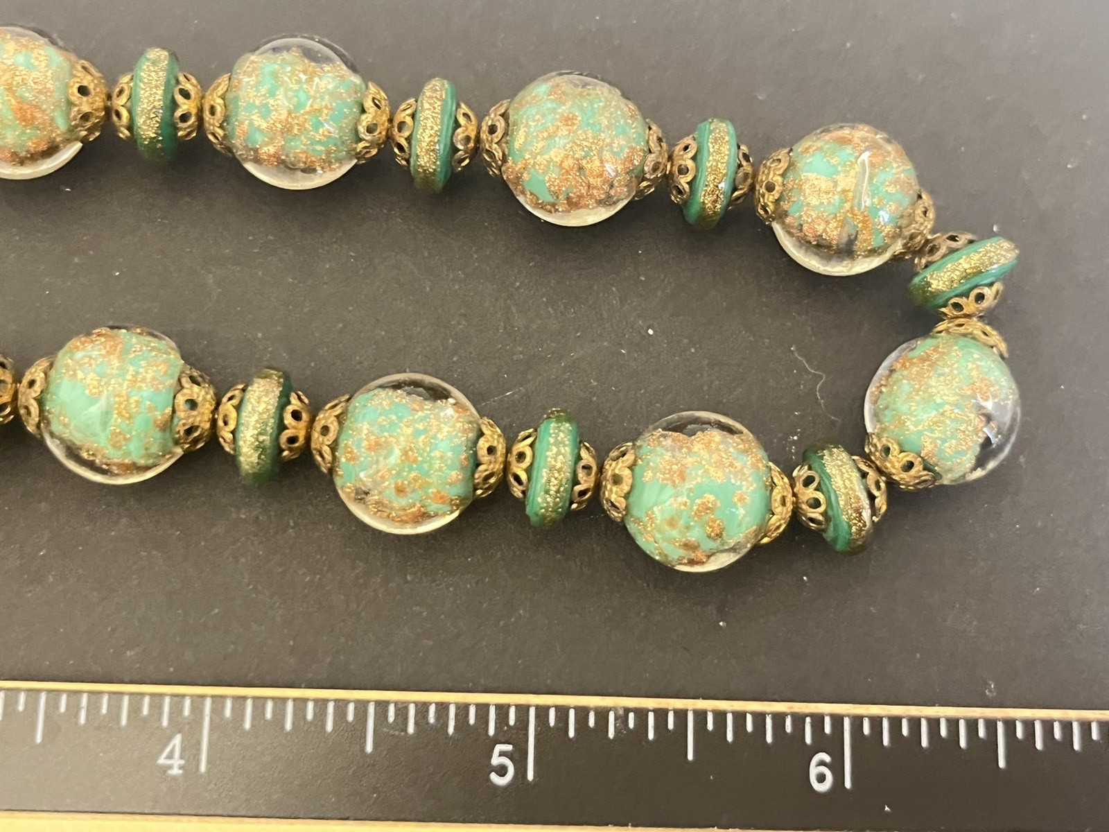 Vintage Murano Foil Glass Necklace Beaded Venetian Italy Estate Jewelry Green