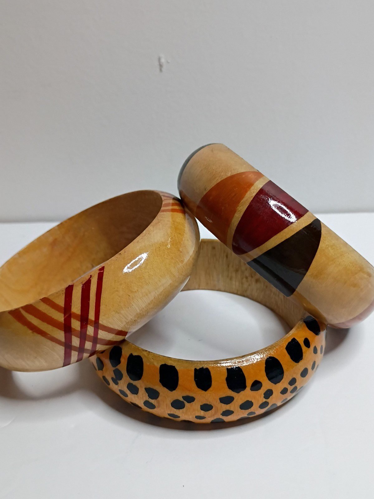 Lot Of 3 Vintage Wooden Bangle Bracelet Boho Chunky Bold Statement 1″ Thick Chee