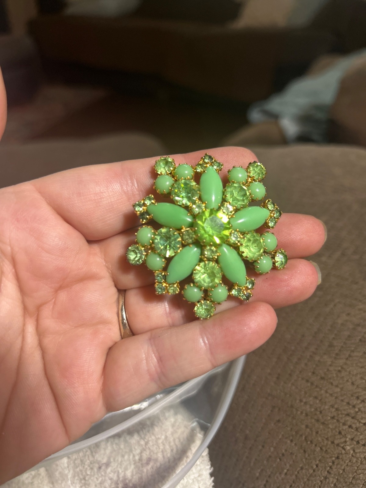 vintage lime green starburst snowflake brooch -milk glass