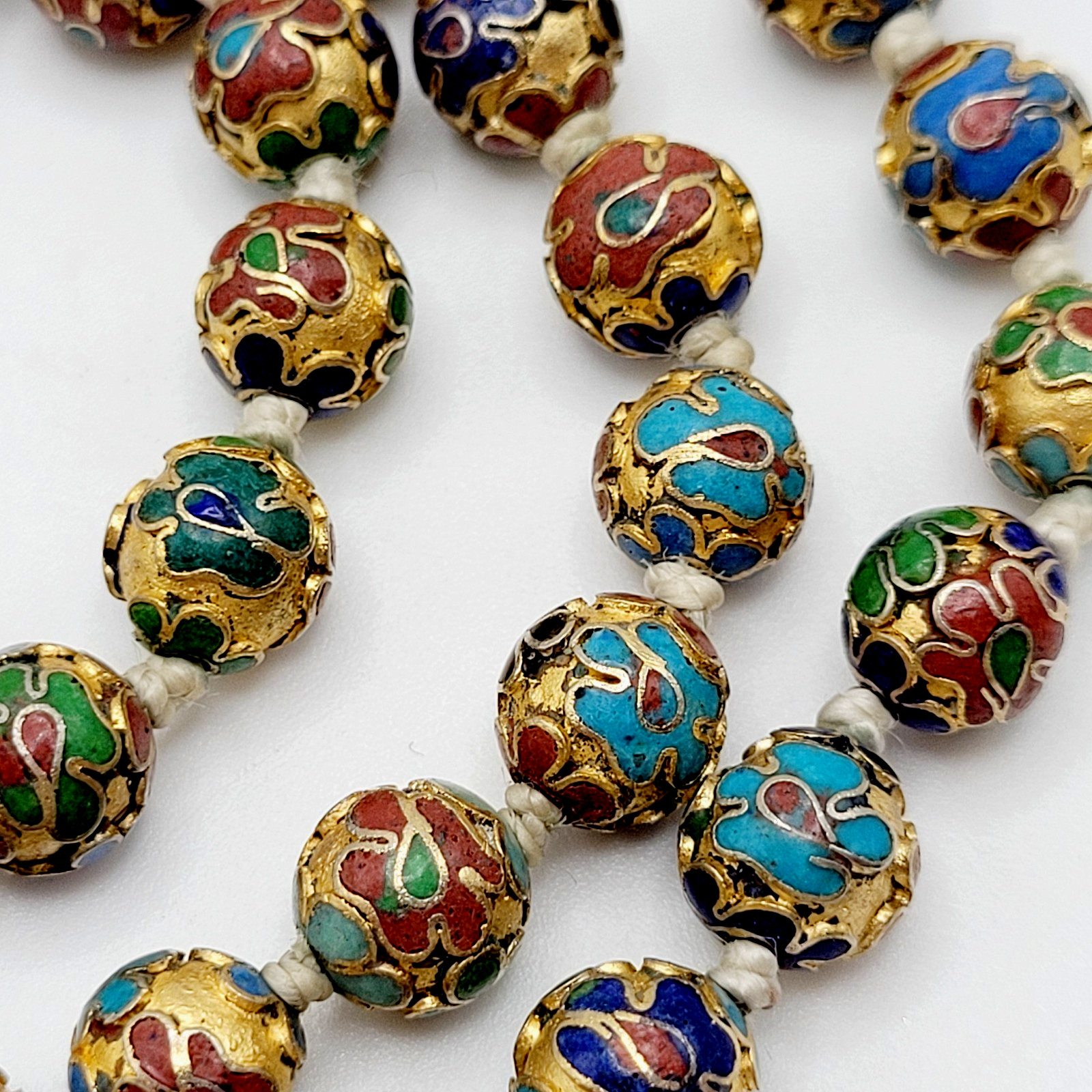 Chinese Cloisonné Floral Bead Hand Knot Circa 1930s Beaded Necklace 23 Inch