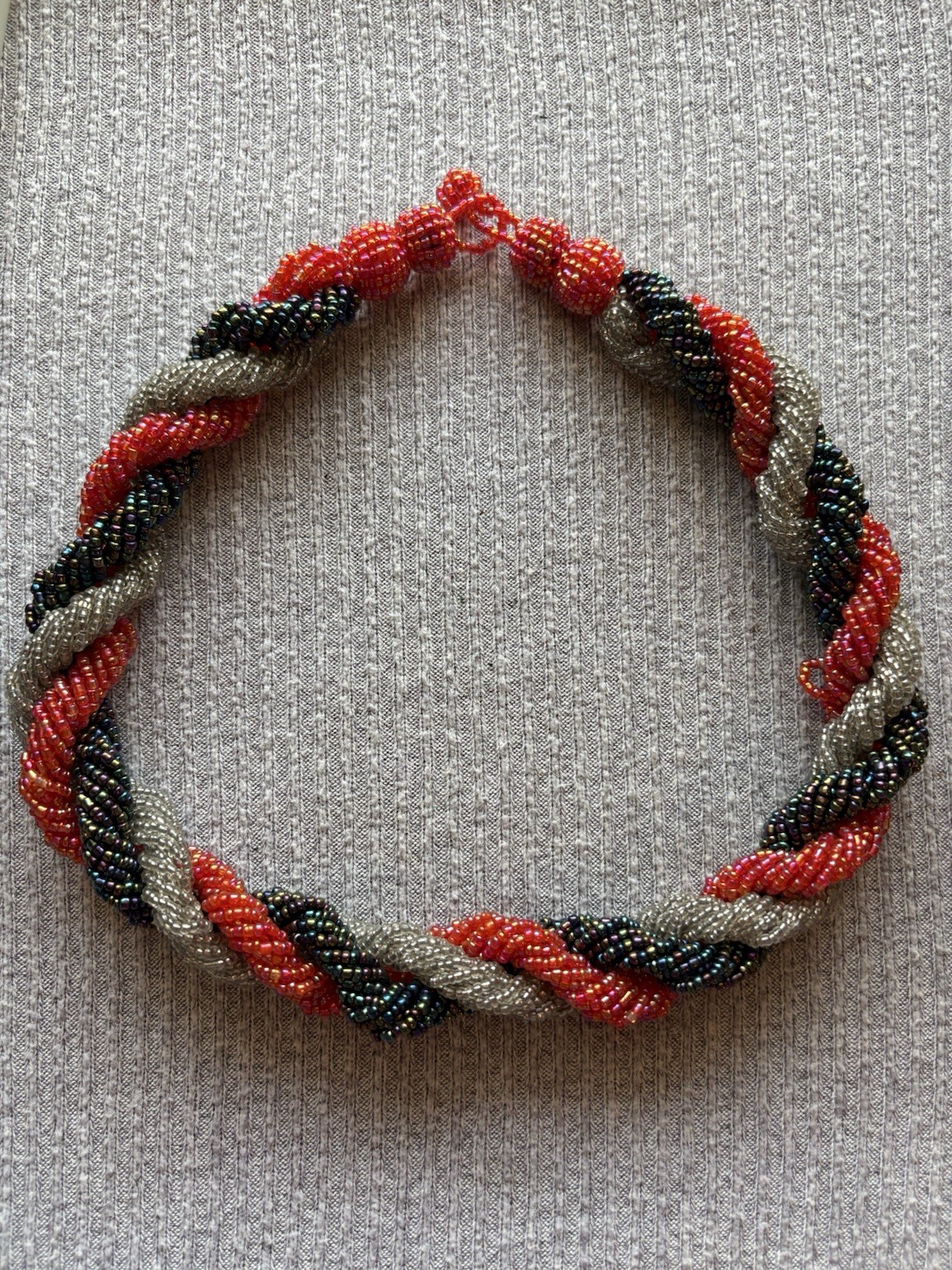 Vintage red, iridescent & clear microbeaded thick chunky braided necklace