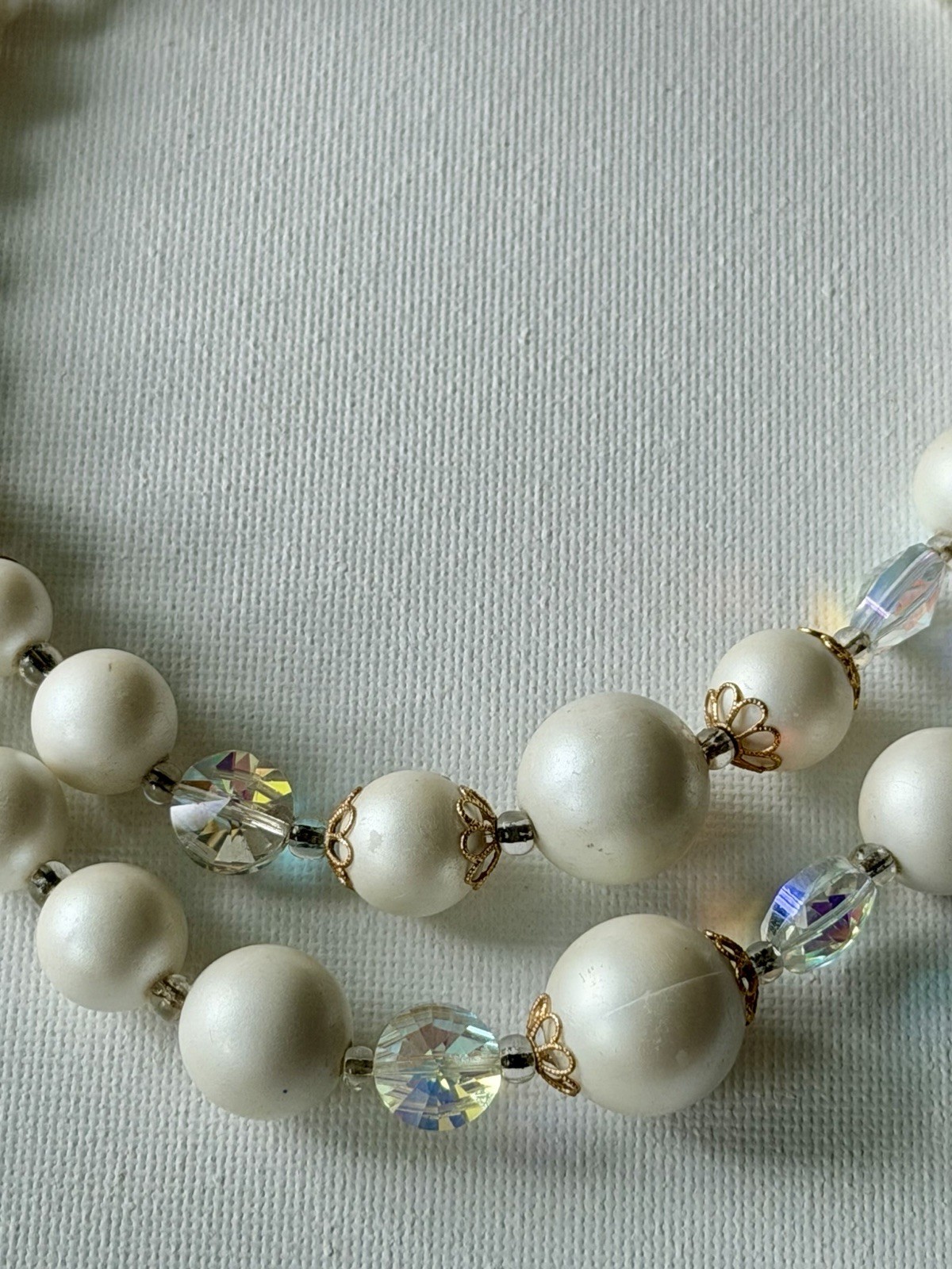 Vintage White Satin Bead Necklace & Clip On Earrings Set AB Crystal Bridal
