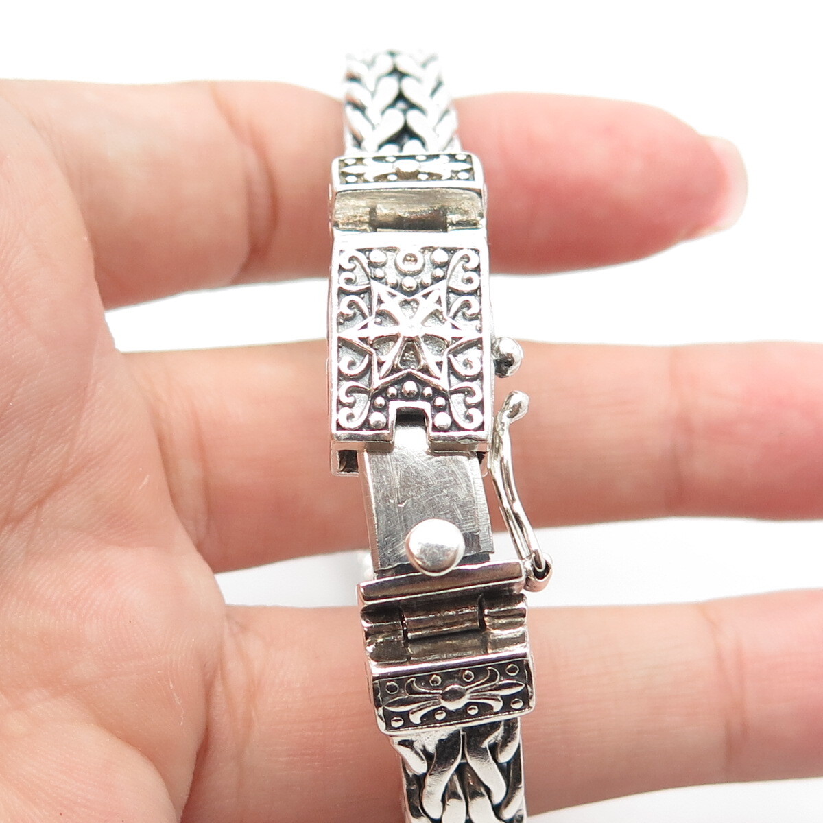 925 Sterling Silver Vintage Spiga/Wheat Link Heavy Bangle Bracelet 7.75″