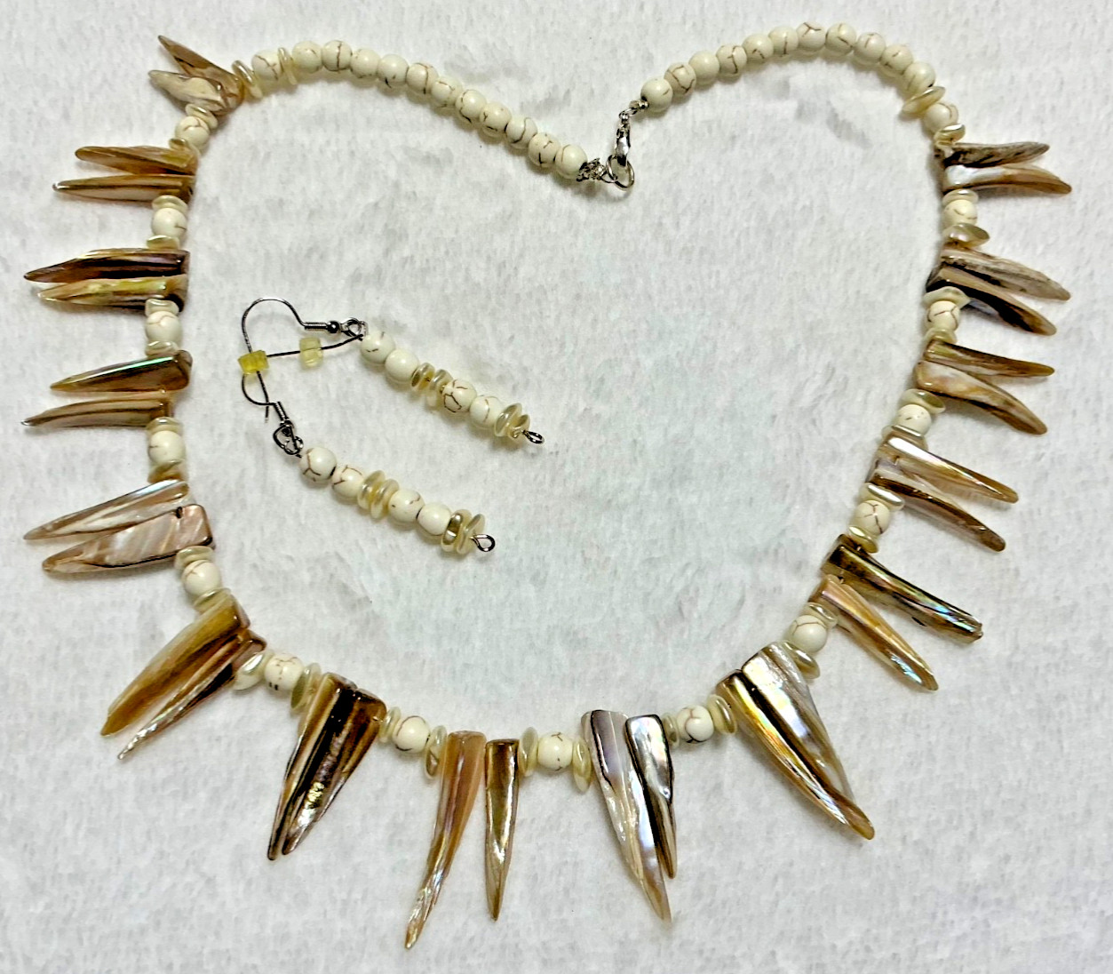Vintage Handmade Abalone Shell Spikes Beaded Necklace Earring Set
