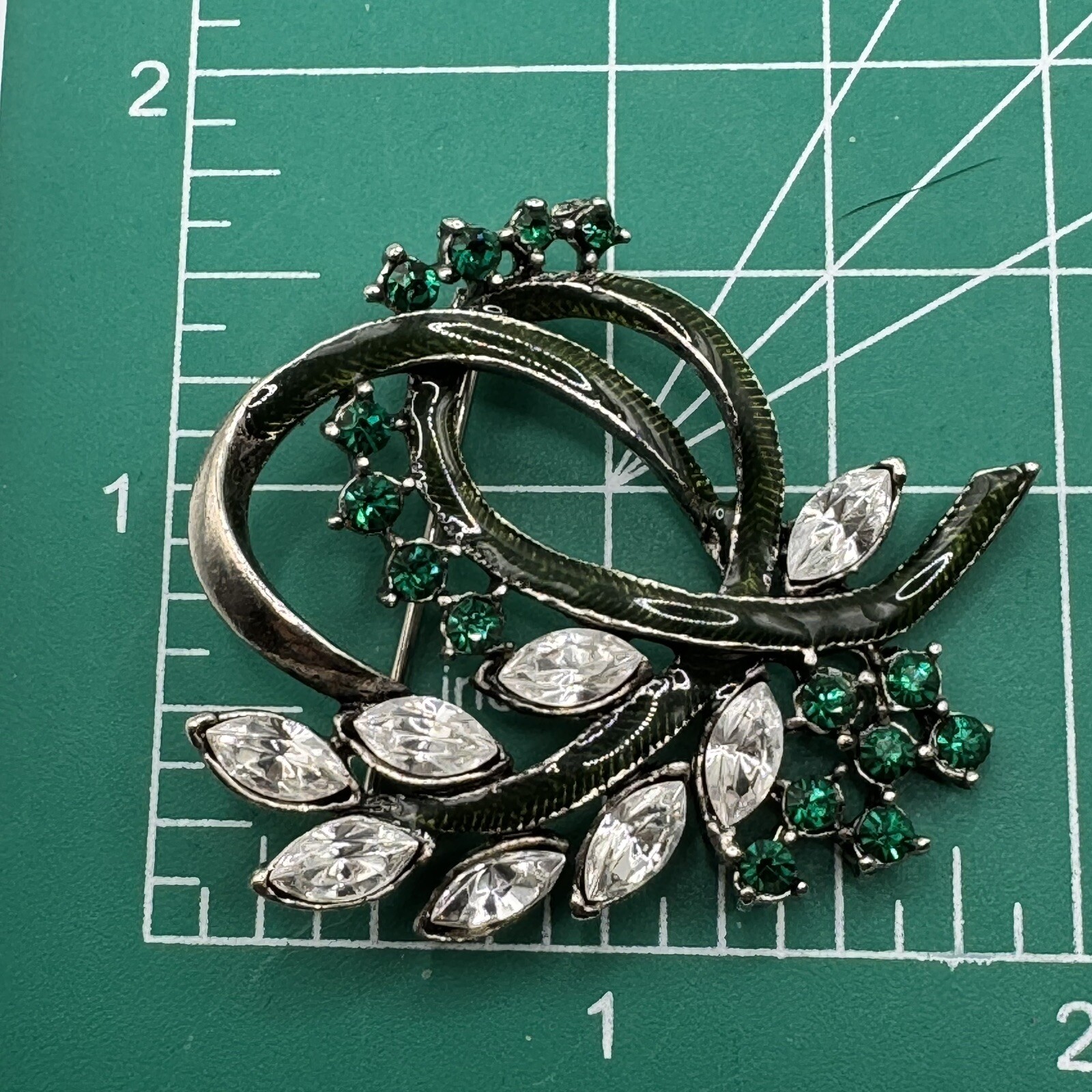 Floral Ribbon Swirl Green Clear Rhinestone Silvertone Brooch Pin