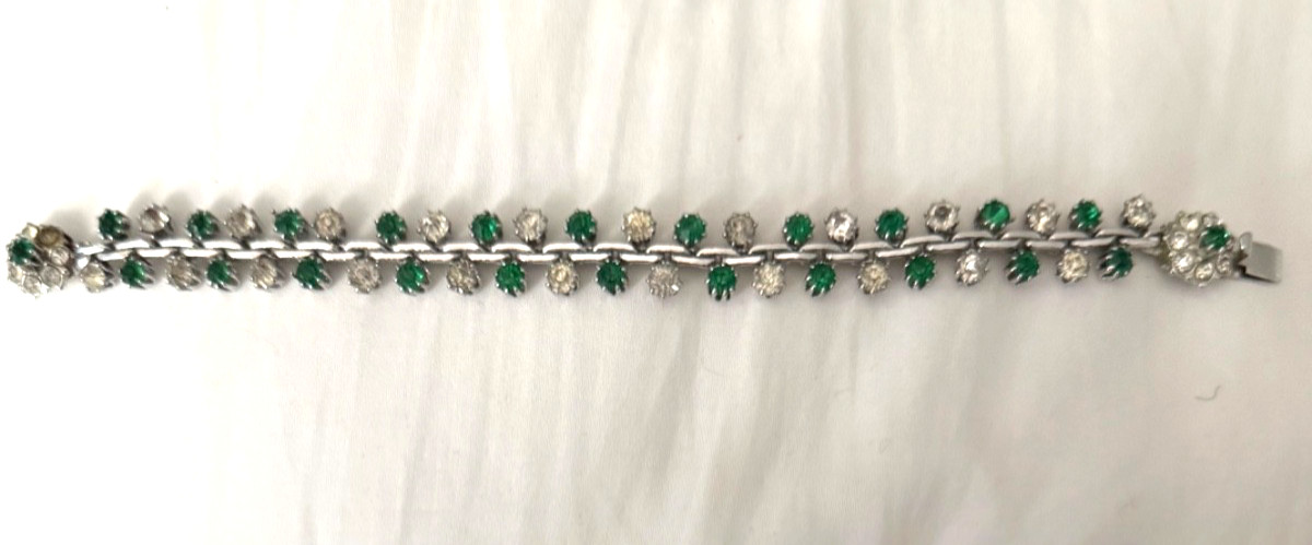 Vintage Crystal Emerald Diamond Rhinestone Silver Bracelet 7.25 inches Ornate