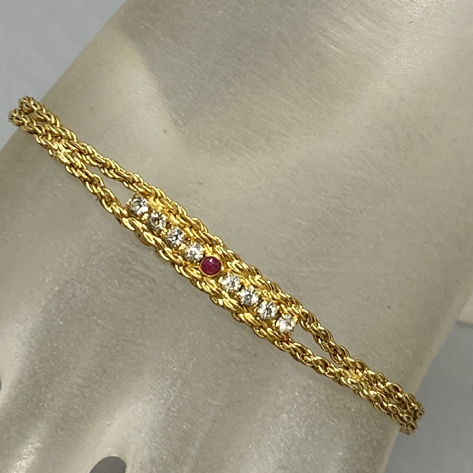 Rope Chain Tennis Bracelet Pair Gold Tone White Green Red Rhinestones 7-7.5″