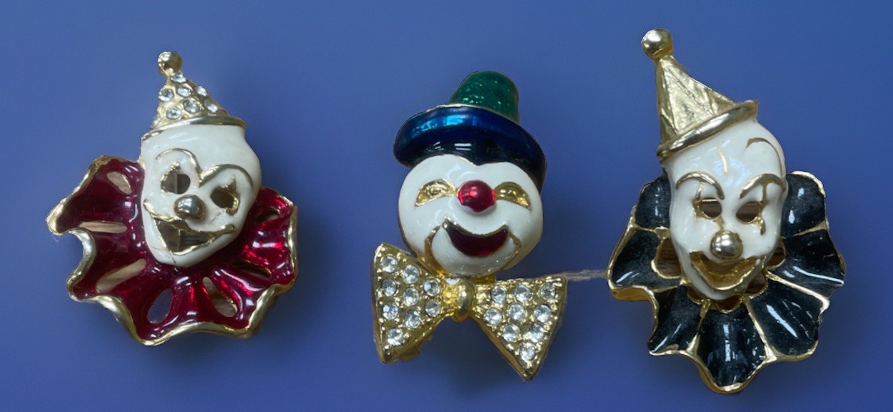 Vintage Clown Masks Brooch Pin Lot of 3 Gold Tone Rhinestones & Enamel