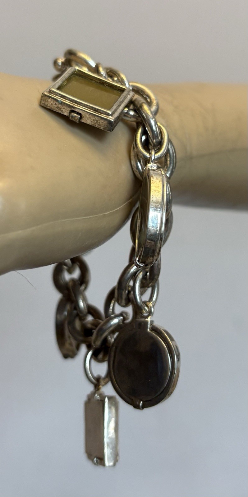 Vintage Photo Locket Charm Bracelet Silverplated Toggle 8” Heart Oval Square 6P