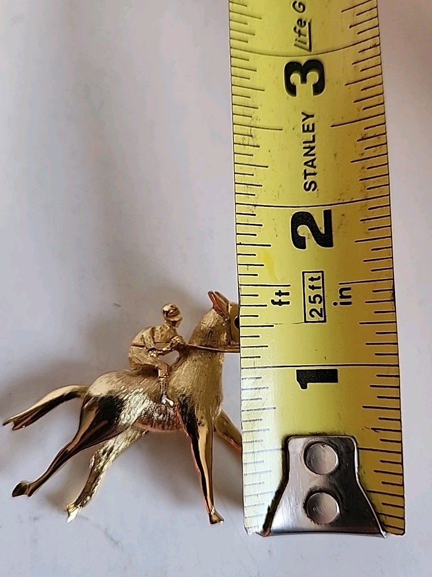 Vintage Pell Signed Equestrian Rhinestone Goldtone Jockey & Horse Brooch