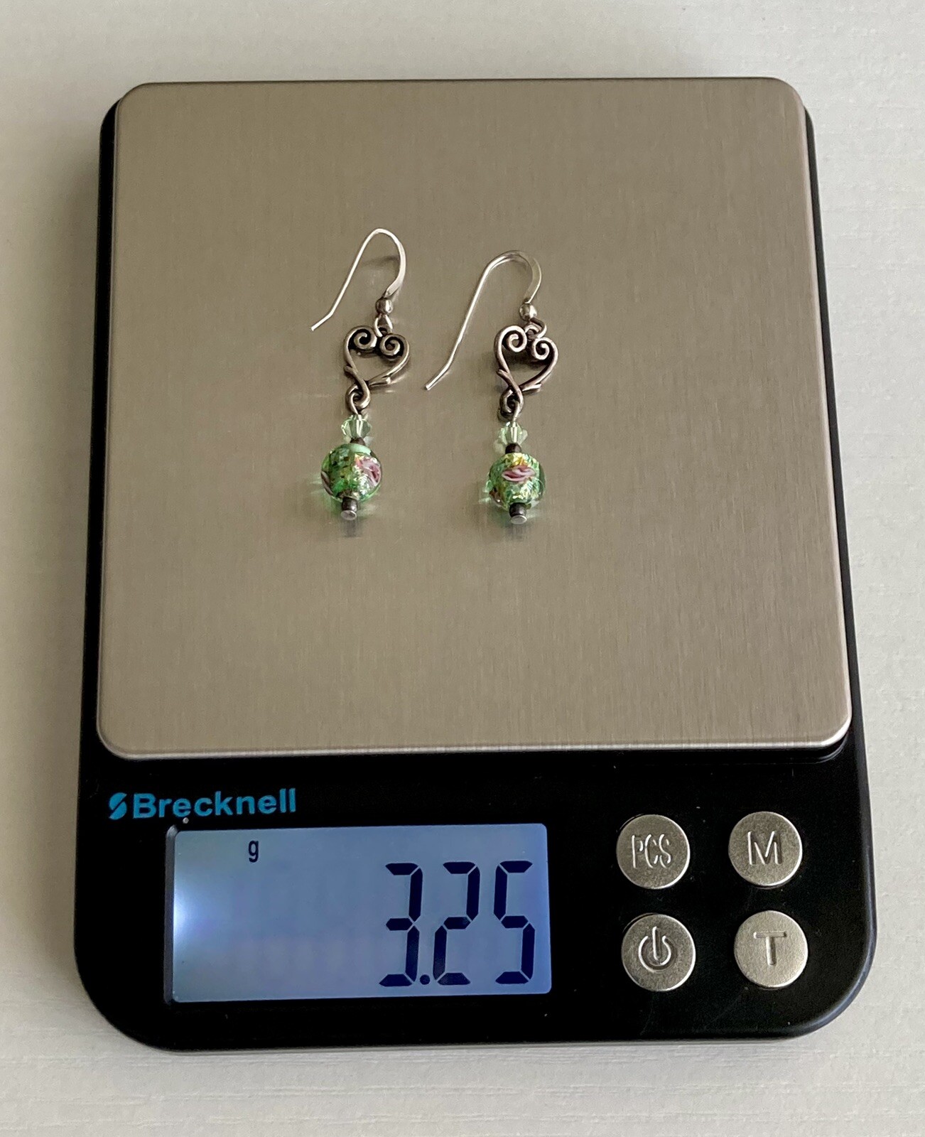 Sterling Silver Heart Round Glass Bead Earrings Dangle Drop Green Pink 1.75inch