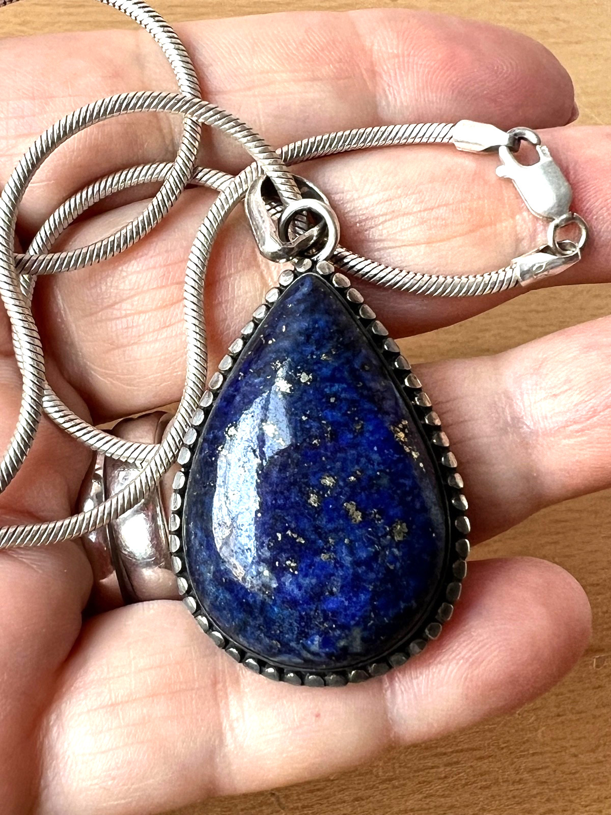 VINTAGE LARGE LAPIS LAZULI PENDANT THICK SNAKE CHAIN NECKLACE 925 STERLING SLVER
