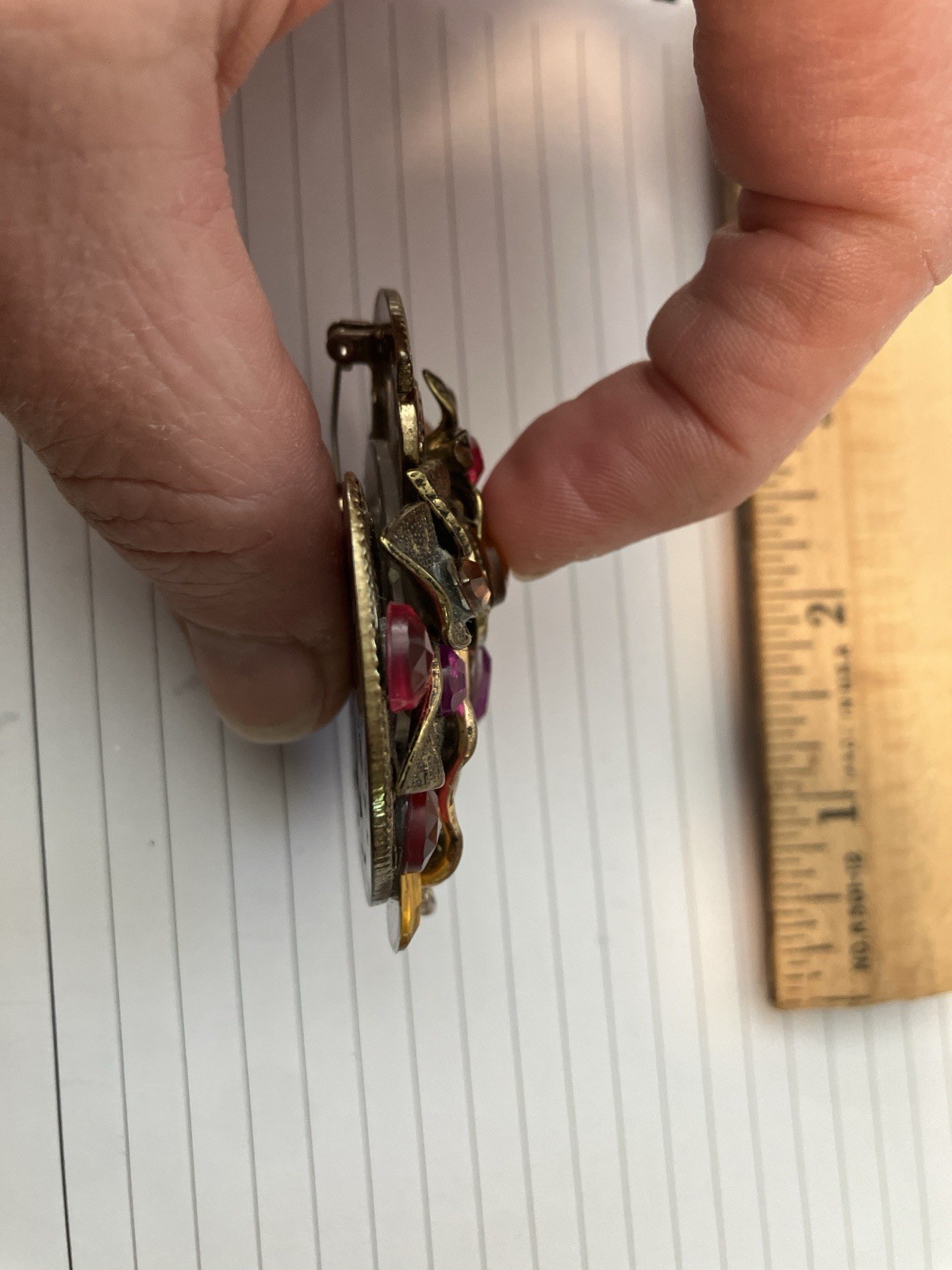 Vintage Gold Tone Pink Purple Red Yellow Plastic Gem Jewel Brooch Lapel Pin