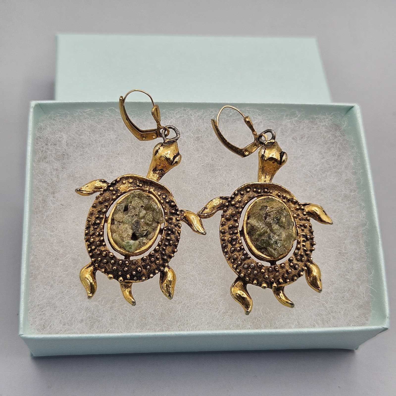 Vintage Gold Tone Turtle Earrings Dangle Hook Pierced Faux Druzy Stone Chunky2″