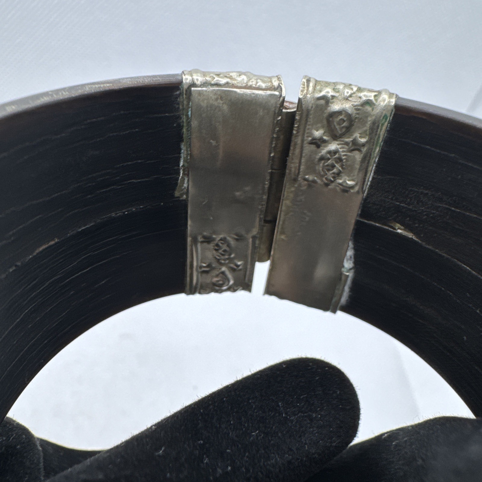 VTG Bone Black Bangle Bracelet with Silver Tone Findings and Trumpet Pin Closure