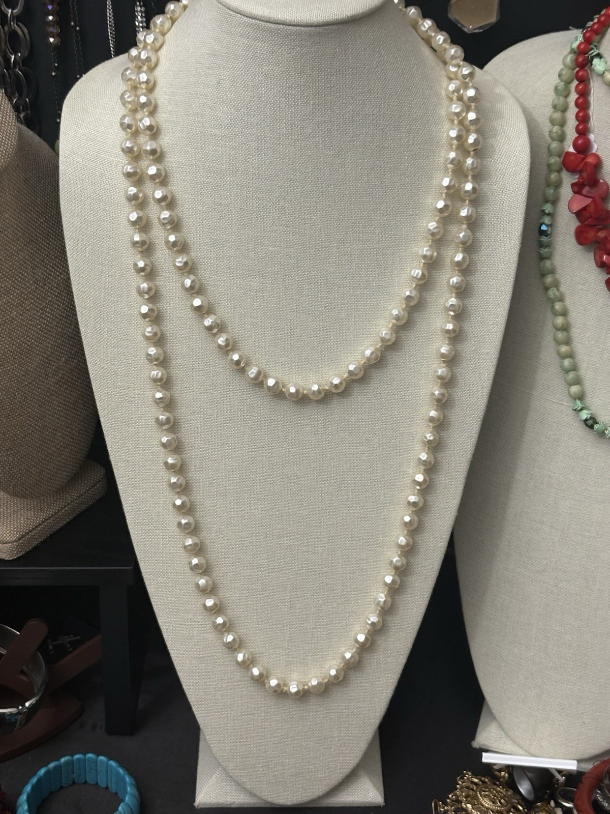 Elegant Faux Pearl Necklace Very Light Weight Single Strand 60”