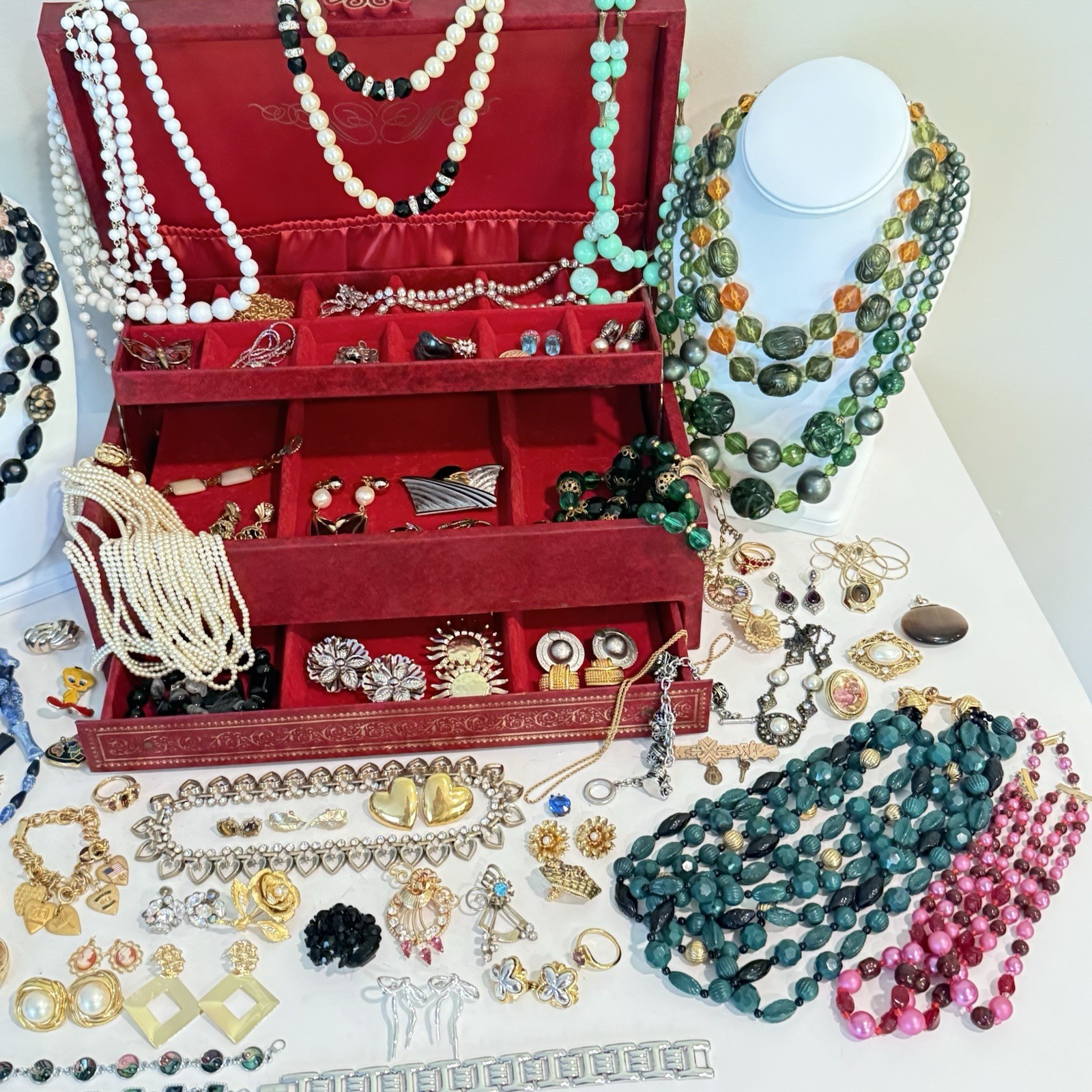 Vintage Estate Jewlery Lot & Box Monet Trifari West Germany Chunky Clip Earrings