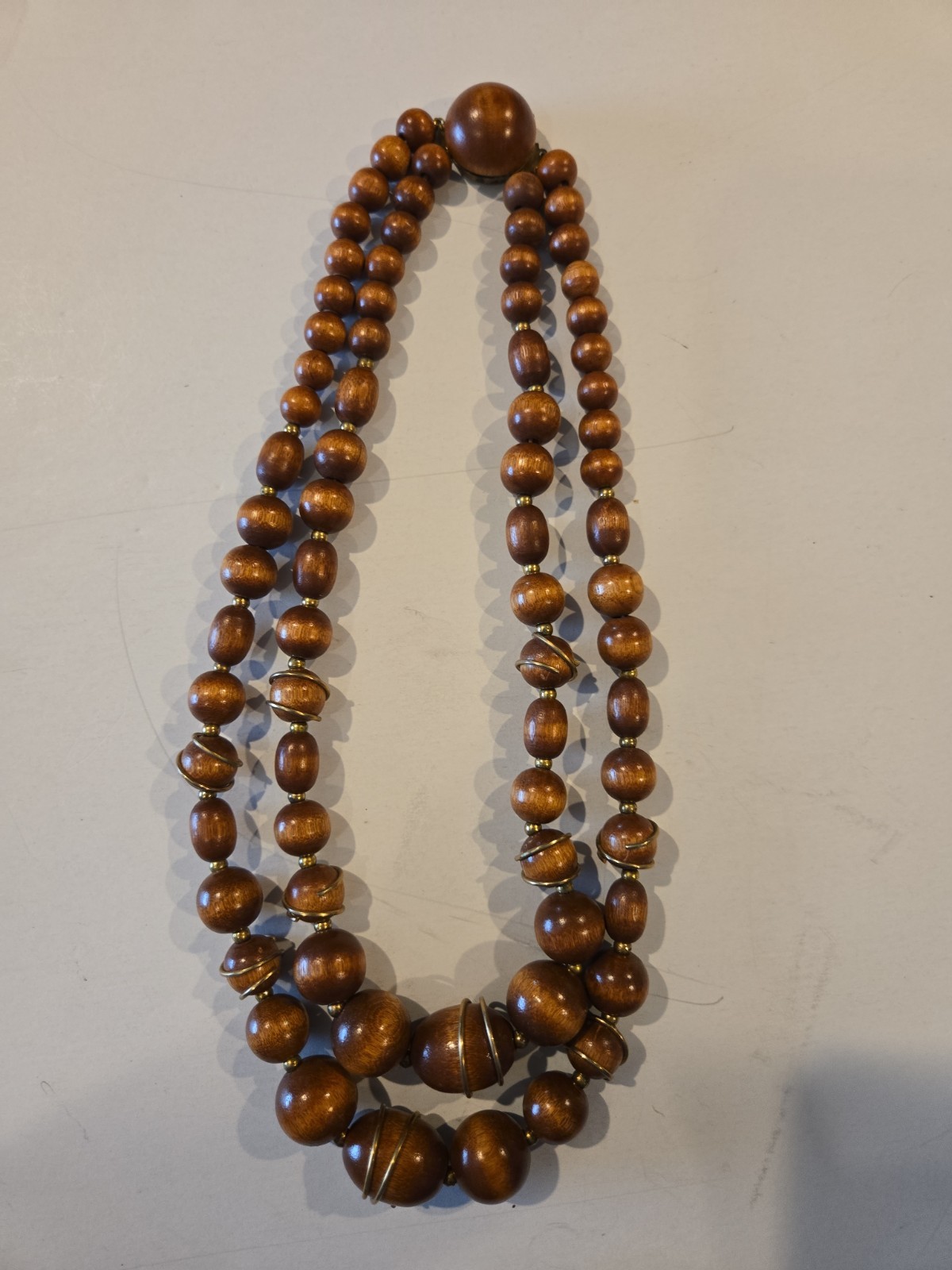 Vintage Wood Tone Beaded Double Strand Necklace With Matching Clasp