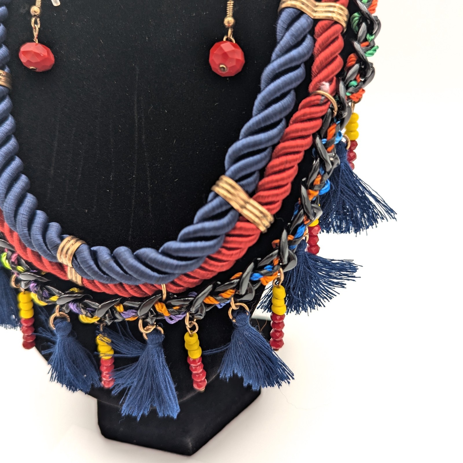 Vintage Victorian Revival Necklace Handmade Fiber Macrame Beaded Fringe Oxblood