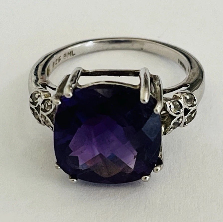 Designer BML Sterling Silver Cushion Cut Amethyst And White Topaz Ring Size 7