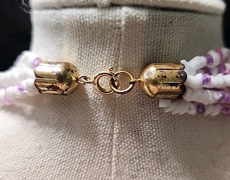 Bohemian Glass Vintage Necklace & Pierced Earring Set White/Purple/Pink 80s-90’s