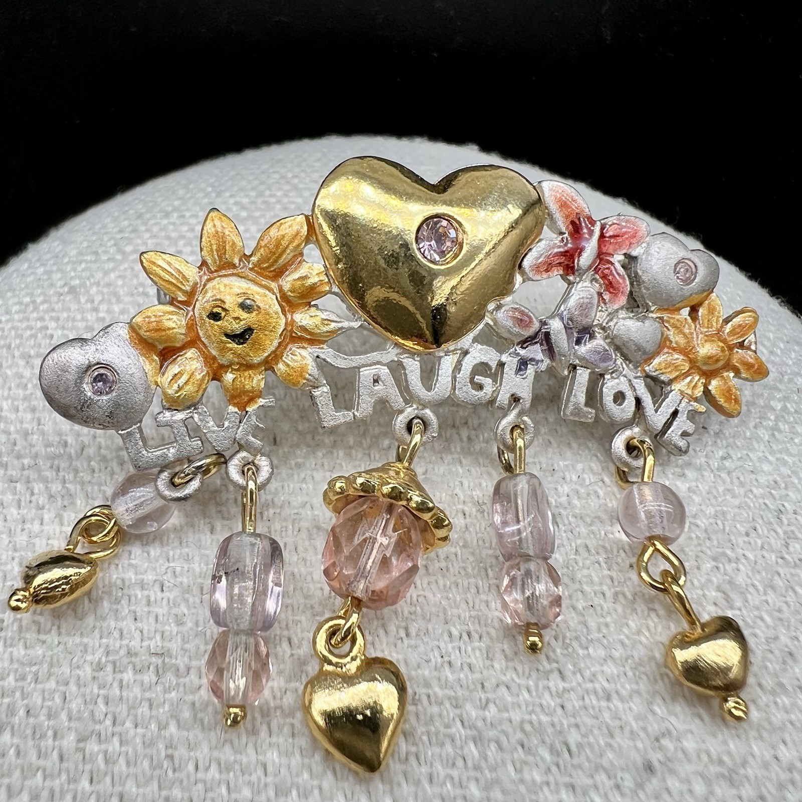 Vintage Garden Floral Heart Dangle Brooch Pink Bead Charm Statement Pin Signed