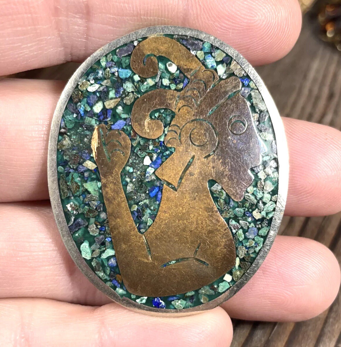 Alpaca Mexico Pendant Stone Chip Inlay Silver Brass Copper Tone Ram Warrior