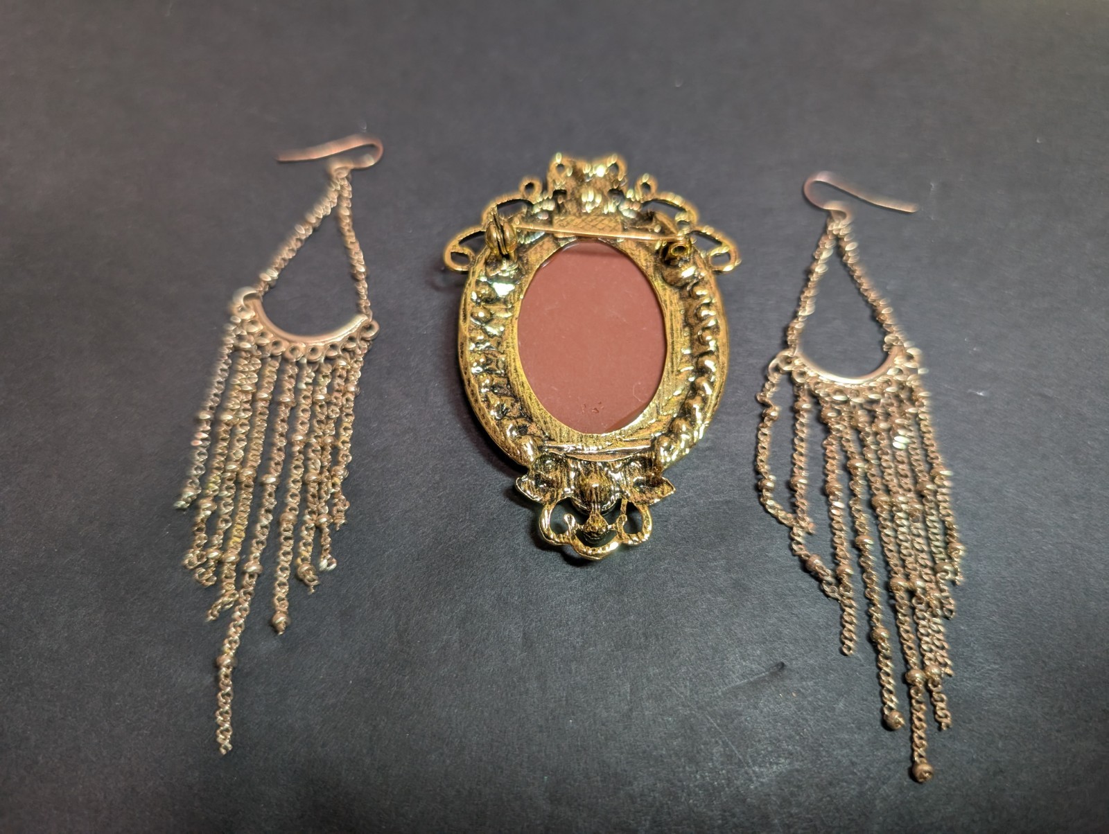 Garnet & Rhinestone Oval 2″ Cameo Brooch Pin and Long Dangle Chain Earrings Set