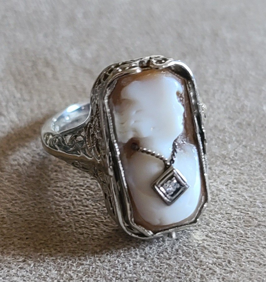 Antique 1928 Art Deco 14K White Gold Diamond Black Onyx Shell Cameo Flip Ring