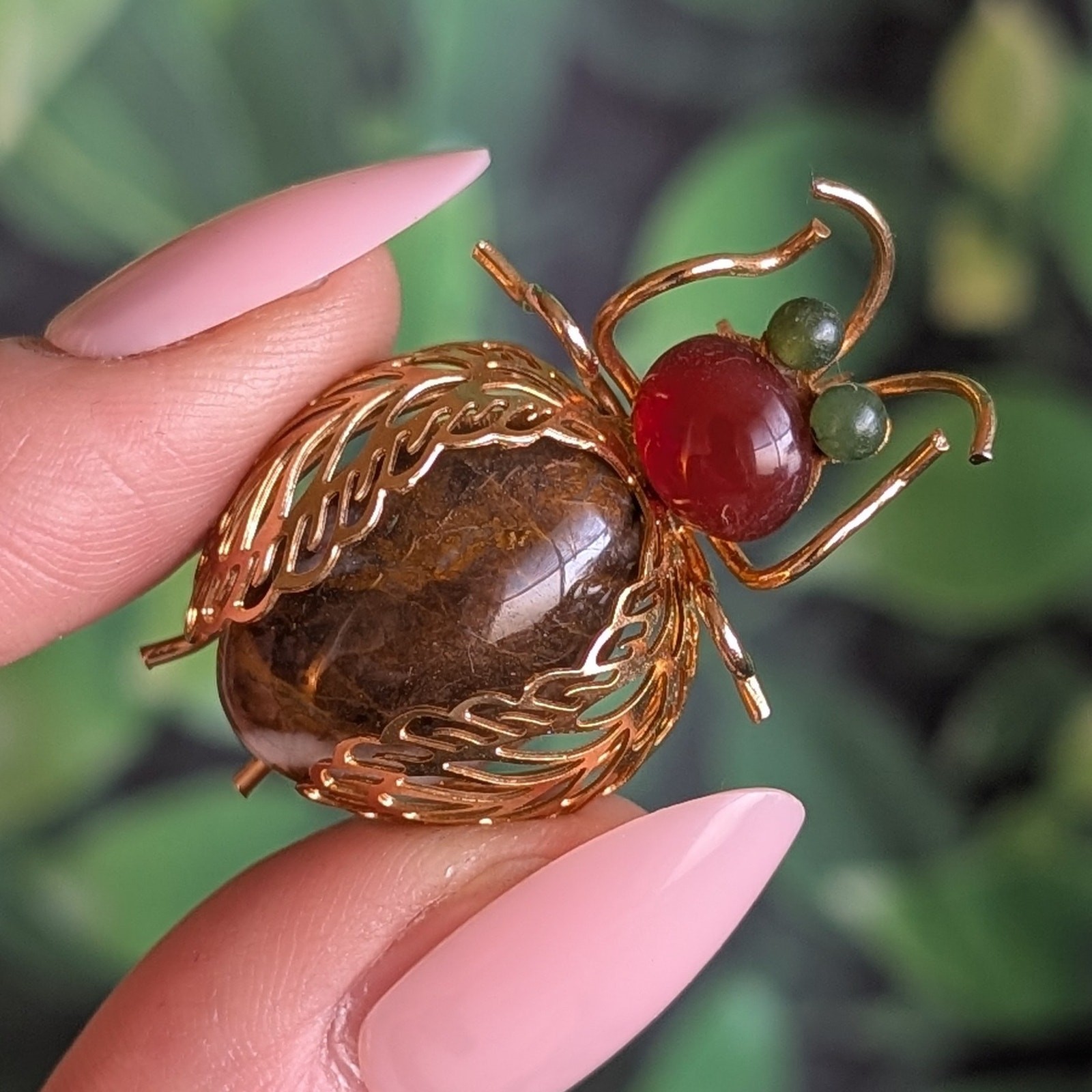 Vintage Beetle Brooch Gemstone Gold Tone Insect Pin Agate Stone Figural Bug