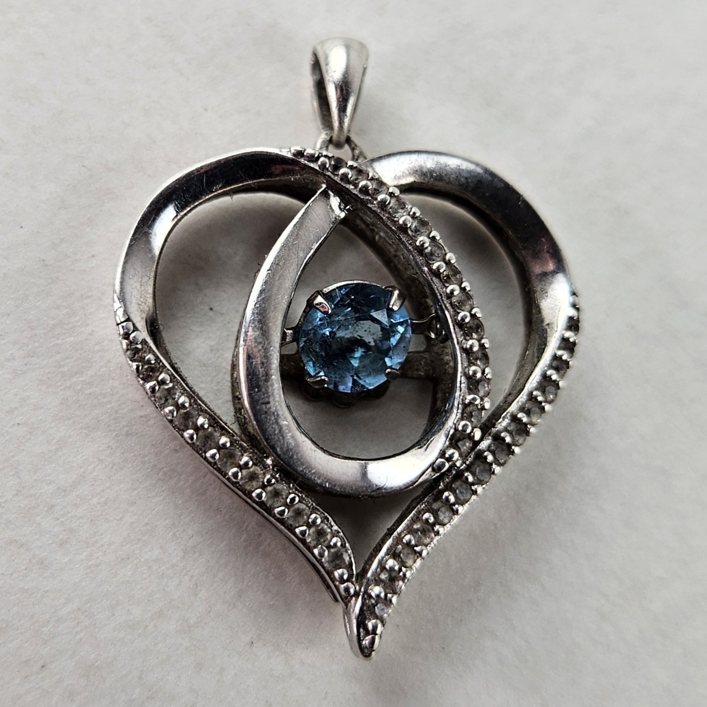 Sterling Silver Heart Pendant with Blue Topaz & White Sapphire 4.3g [8768]