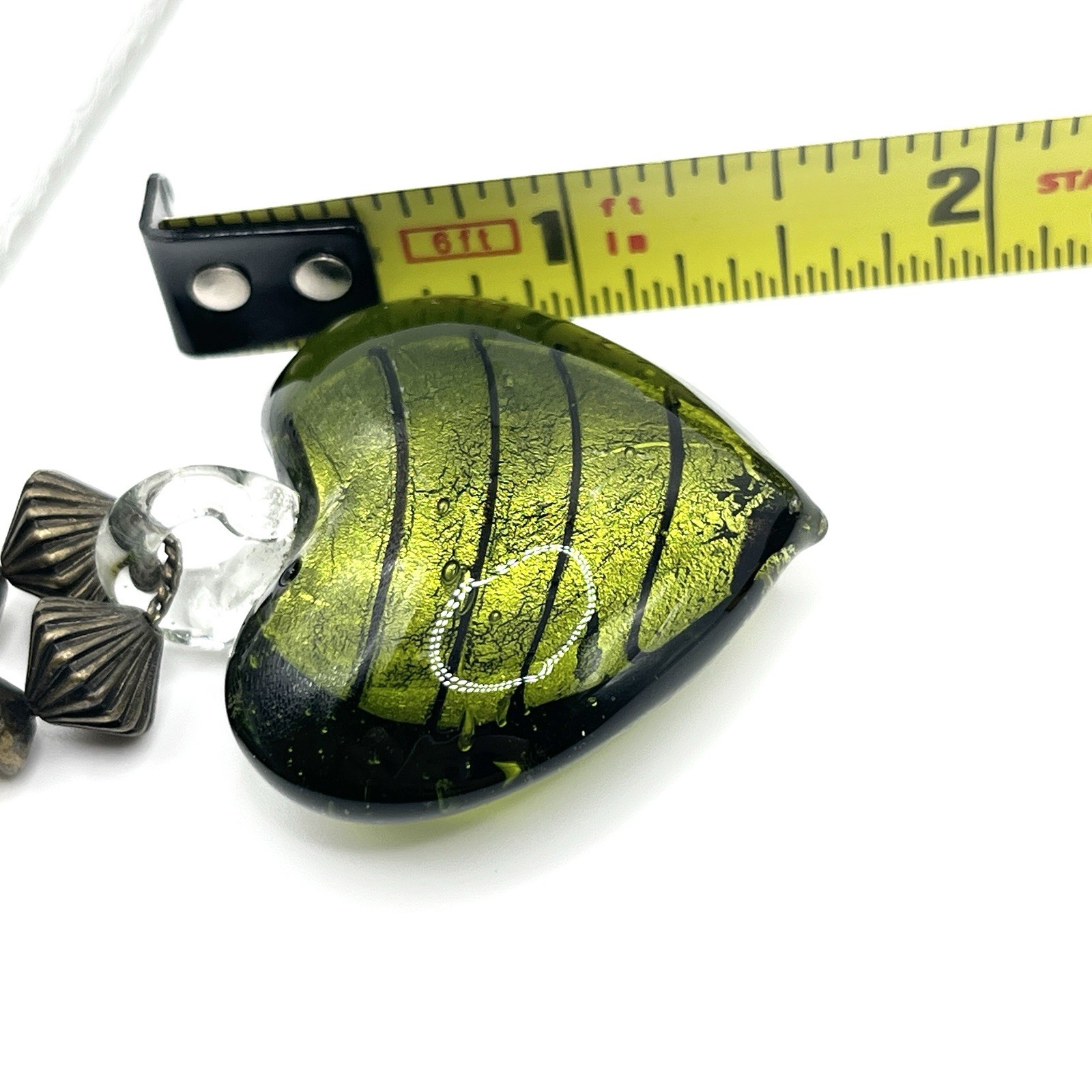 Vintage Murano Style Green Foiled Art Glass Puffy Heart Necklace 18”