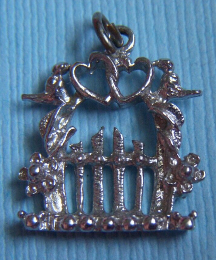 Vintage garden gate with hearts and flowers silver tone charm