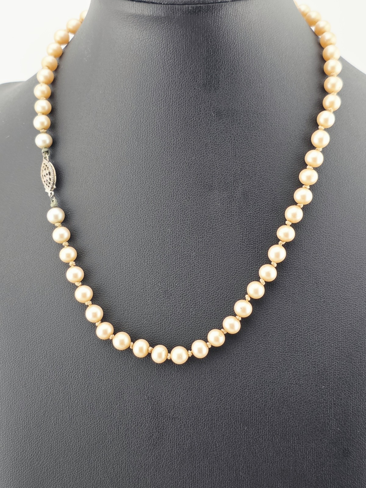 ​Vintage Hand Knotted Glass Pearl Necklace Sterling Silver Filigree Clasp 16″