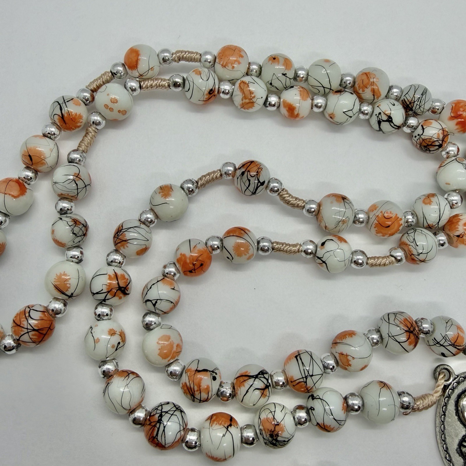 Vtg Catholic Religious Orange Rosary Glass Beads Necklace Silvertone Prayer