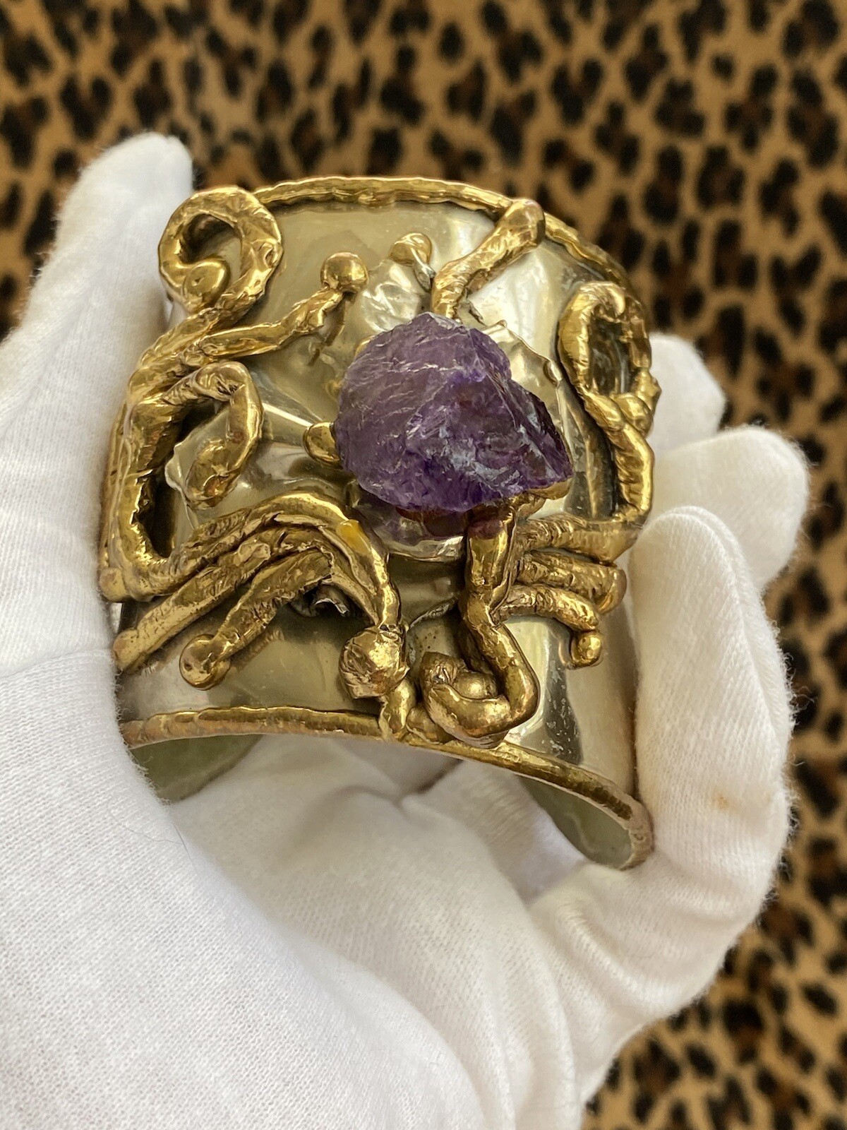Vintage COPA COLLECTION Huge Chunky Brutalist Modernist Cuff Bracelet Amethyst