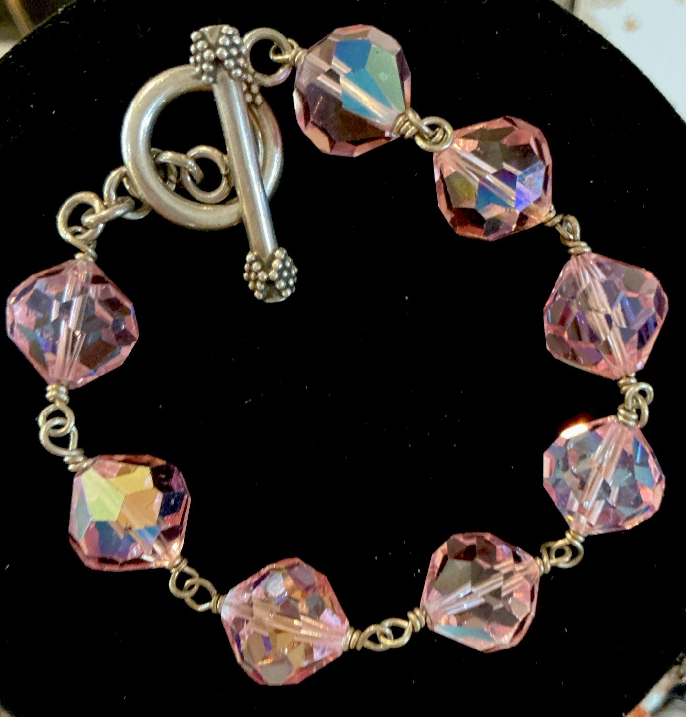 Vintage Pink Crystal Bicone Beaded 8” Bracelet Silver Toggle Clasp Non-Magnetic