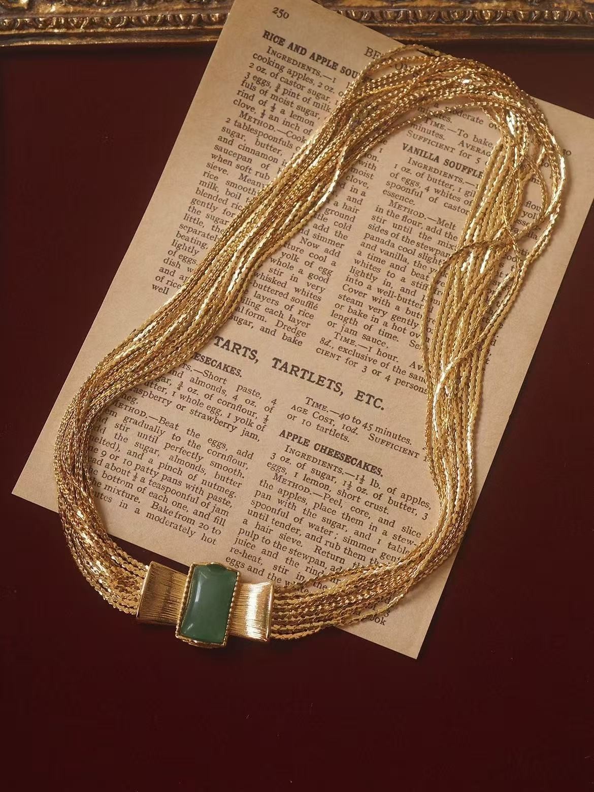 Vintage Style Gold Multi Chain Necklace & Bracelet Green Stone Statement Jewelry