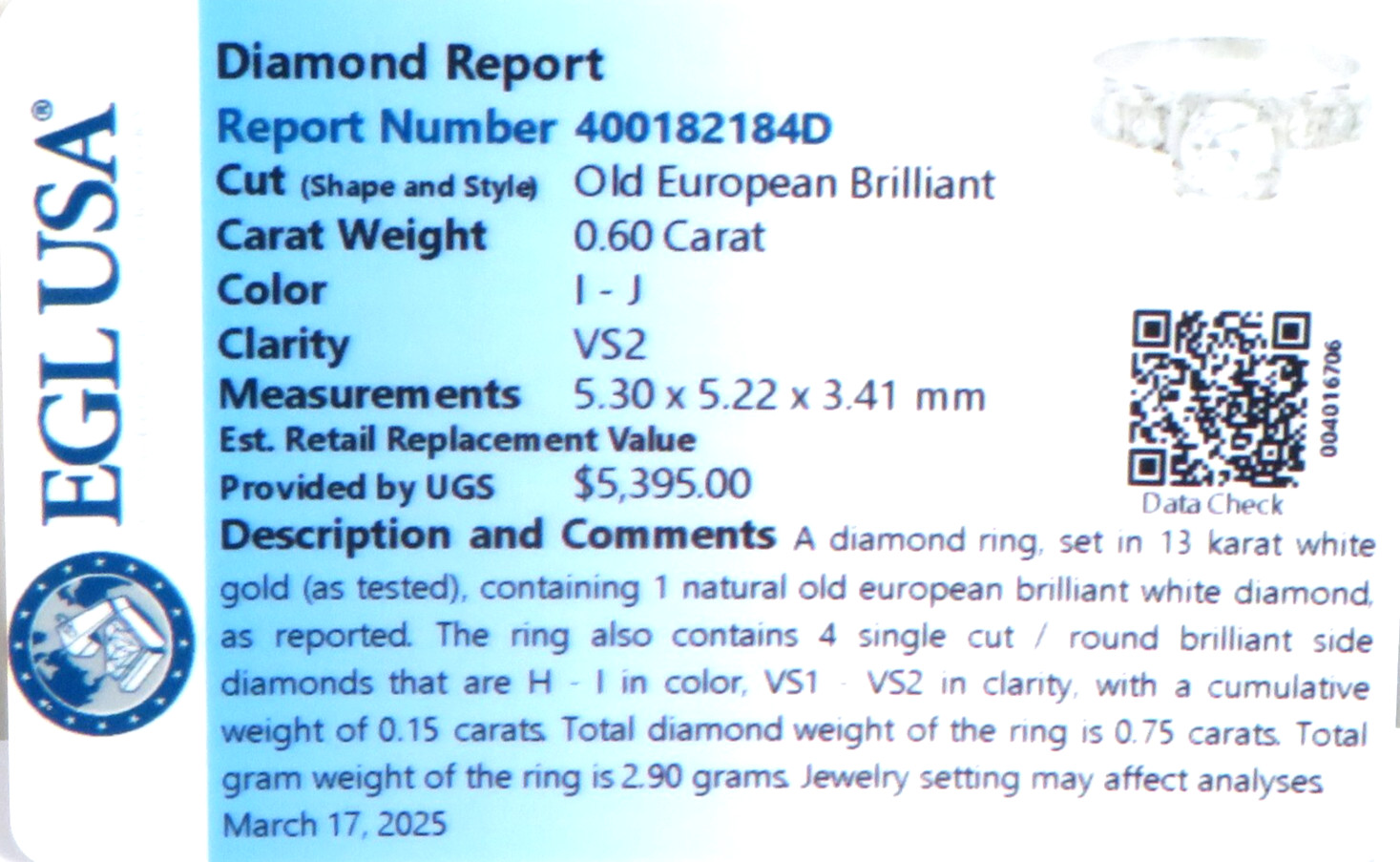 Antique Deco 1920’s European Diamond Engagement 13K Ring Size 5.25 UK-K EGL USA