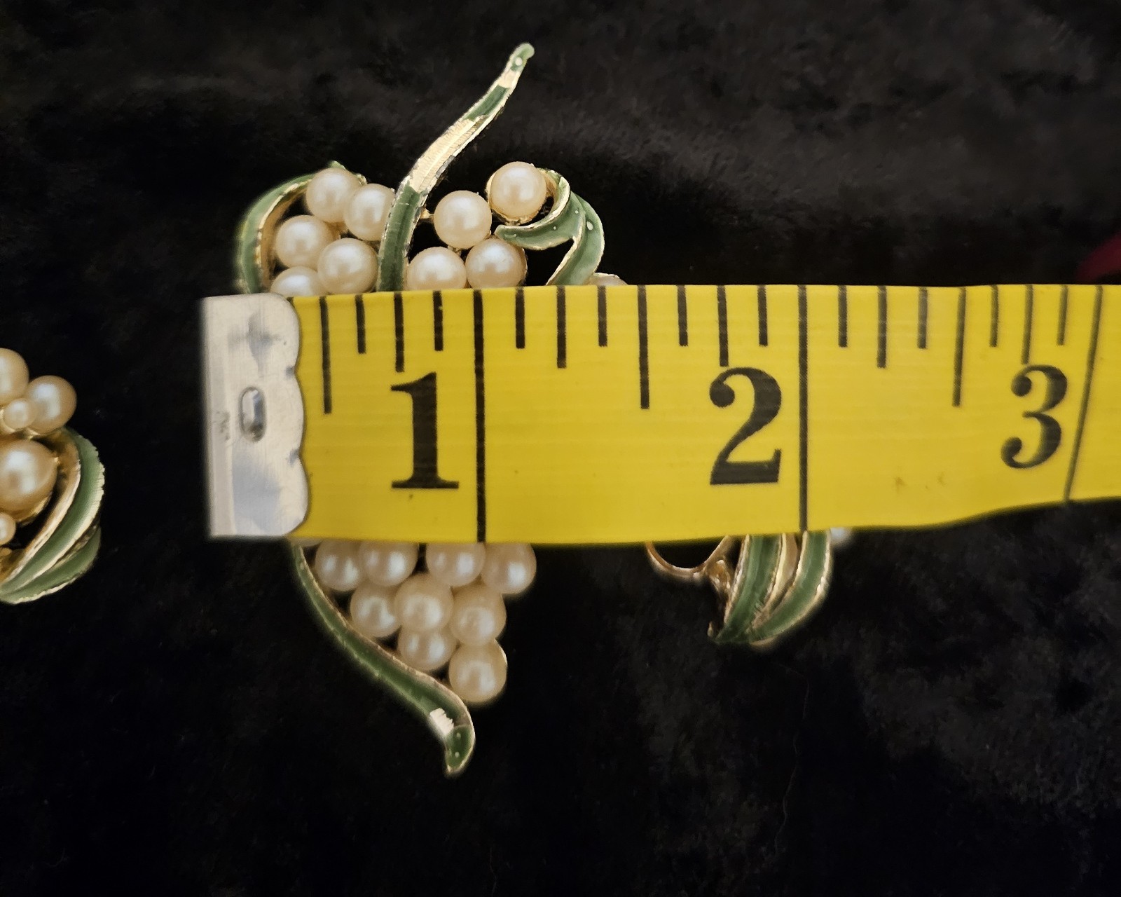Jewelry set Goldtone brooch & Clip-on earrings Grape clusters Faux Pearls Enamel