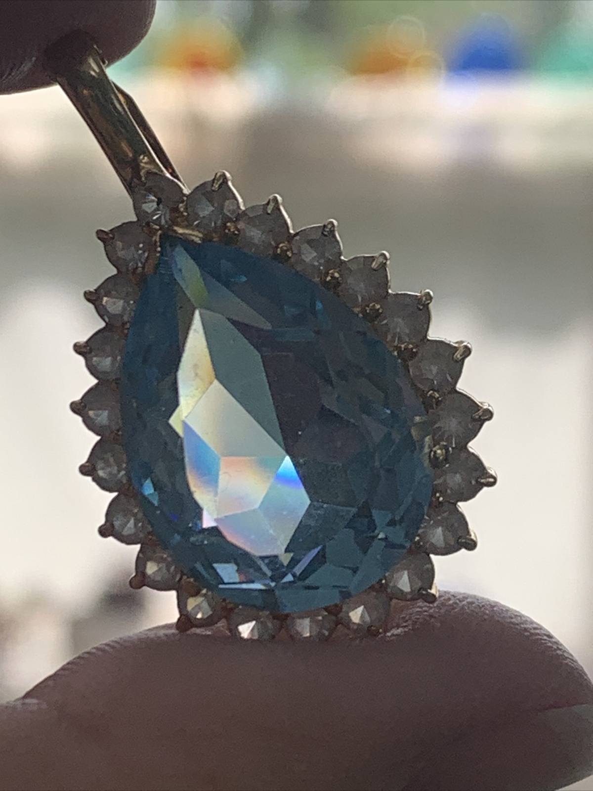 Vintage Quality large Faux blue topaz Clear stone Necklace Enhancer 1”