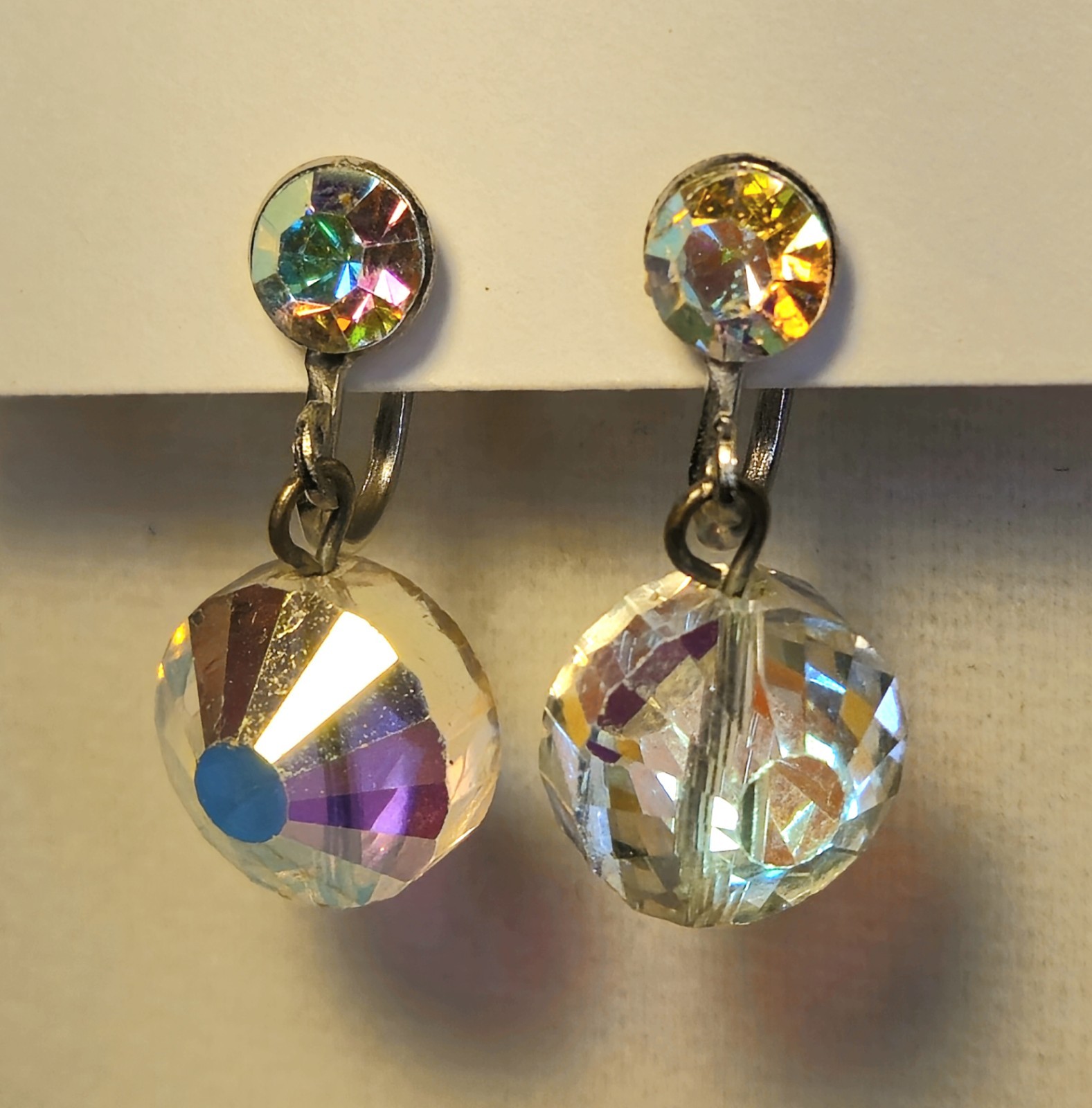 Clear Crystal Prism Earrings • Acrylic Dangle Ball • Silver Tone • 1 Inch