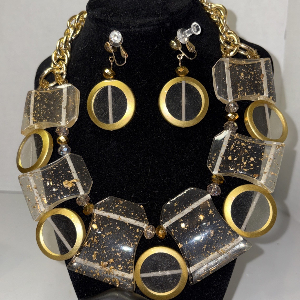 Vintage Chunky Statement Clear Lucite With Gold Flecks Demi Parure Set