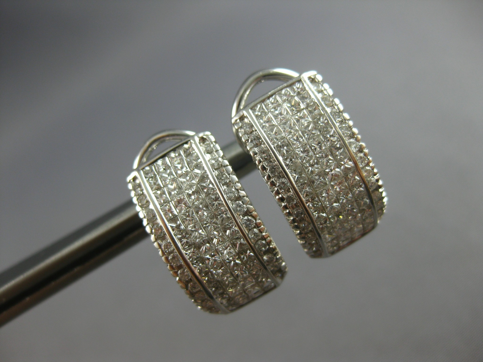LARGE 1.52CT DIAMOND 14K WHITE GOLD 3D ROUND & PRINCESS CLIP ON HANGING EARRINGS