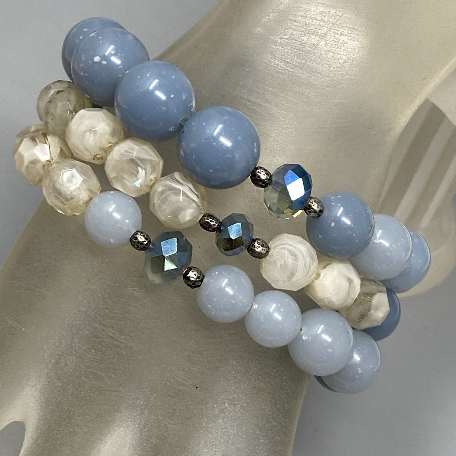 Blue Faux Stone Beaded Bracelets Set of 3 Acrylic Cream Stretch Glass Spacer 7″